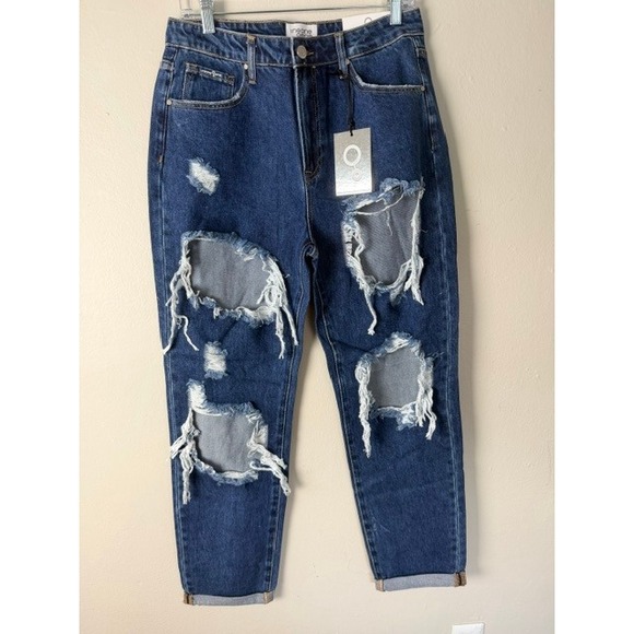 Insane Gene Denim - Insane Gene High Waisted Baggy Distressed Jeans Dark Wash Size 7/27 P1278